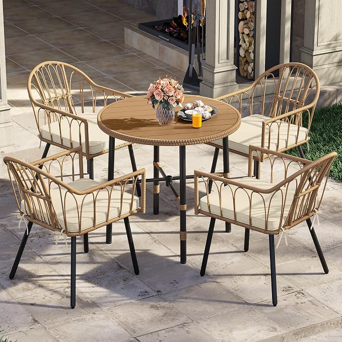YITAHOME Patio Dining Set with Umbrella Hole for 4, Wicker Outdoor Dining Set 5pcs, Rattan Patio Dining Furniture Sets, Outdoor Table and Chairs Set for Patio Backyard Balcony Garden