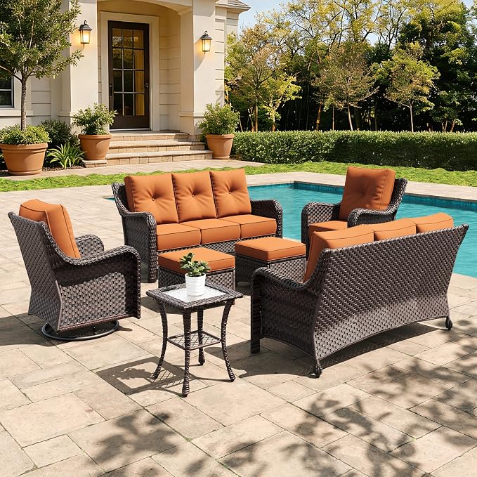 7 Pieces Outdoor Furniture Set with 6-inch Cushions, High Back Wicker Swivel Rocker Chairs with Coffee Table, Luxury Conversation Set for Deck Patio and Poolside