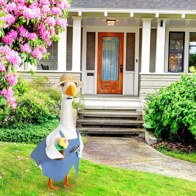 FuWeave Gardener Porch Goose Outfit Flower Goose Clothes for 23" Large Statue Outdoor Spring Summer Garden Yard Lawn Art Decoration, Overalls Gardener Gardening Enthusiast