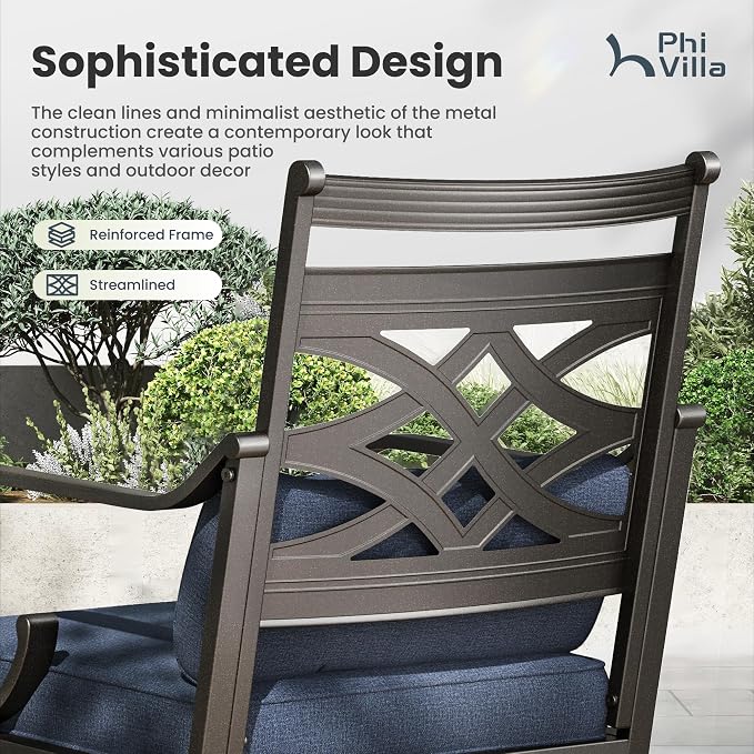 PHI VILLA 7 Pieces Outdoor Dining Set for 6 | 60" Table, Blue Cushion, Fixed & Swivel Chairs, 60" Rectangle Metal Table with Umbrella Hole & Fixed Swivel Chairs Combo