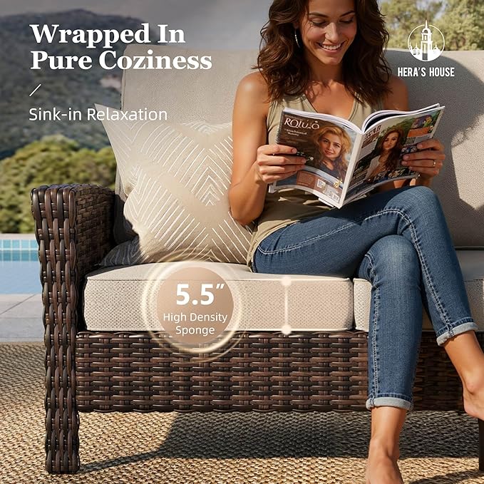 HERA'S HOUSE High Back Patio Furniture Set with Swivel Chairs, Outdoor Wicker Conversation Sets with 5.5" Comfy Cushions, 4 Piece Outside Sofa Sets, Beige