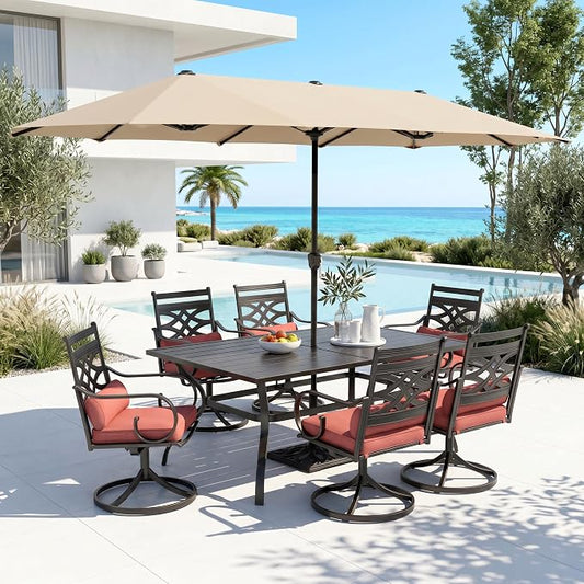PHI VILLA Outdoor Dining Set with Umbrella for 6, 60" Metal Table & Wrought Iron Swivel Chairs, Patio Furniture with Red Cushions & Pillows for Deck, Porch, Backyard
