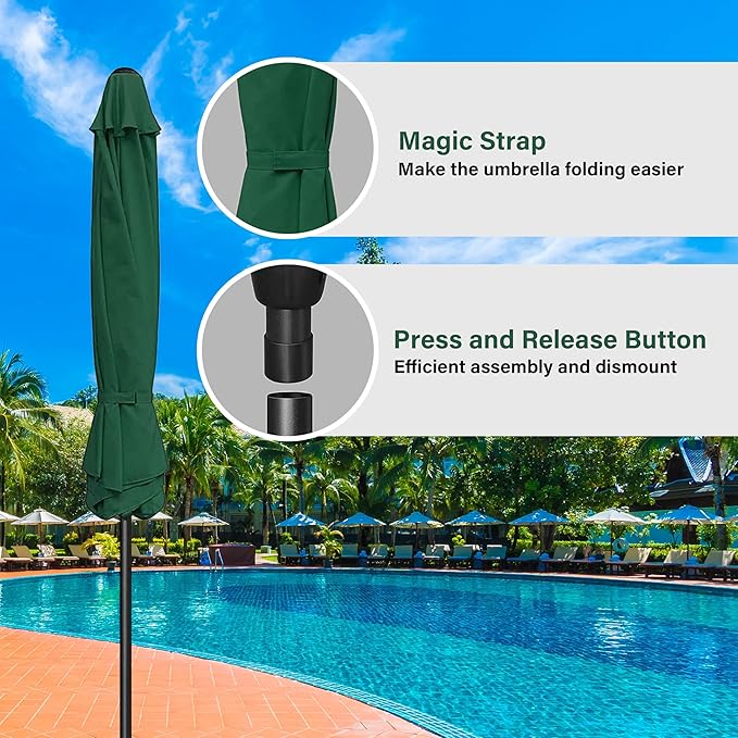 HealSmart 2pcs 9ft Patio Umbrella with Push Button Tilt/Crank, Outdoor Table Market Yard Umbrella with 8 Sturdy Ribs for Garden, Backyard, Deck, Pool, Green