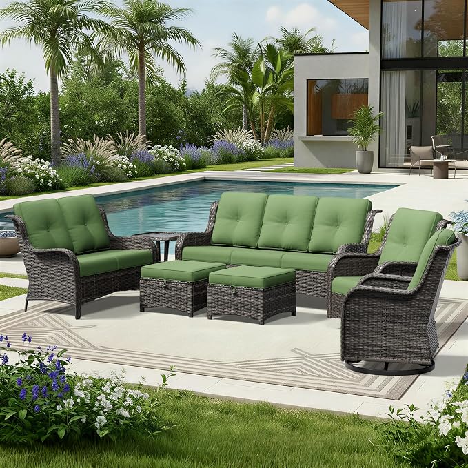 Joyside 7 Piece Wicker Patio Furniture Set, Outdoor Swivel Rocker Patio Chairs with High Back, Deep Seating, Wide Armrest, Thickened Cushions, Outdoor Furniture for Deck, Porch Use