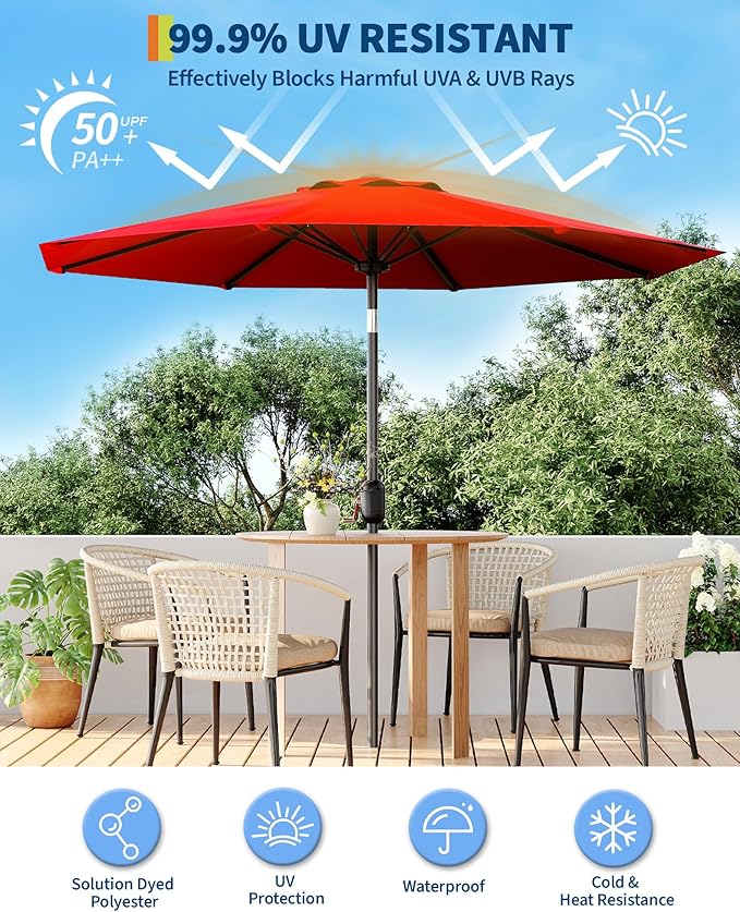 GarveeLife 10 ft Patio Umbrella, Outdoor Table Market Umbrella with Push Button Tilt and Crank, 8 Sturdy Ribs UV Protection Waterproof for Garden, Deck, Backyard, Pool (Red)