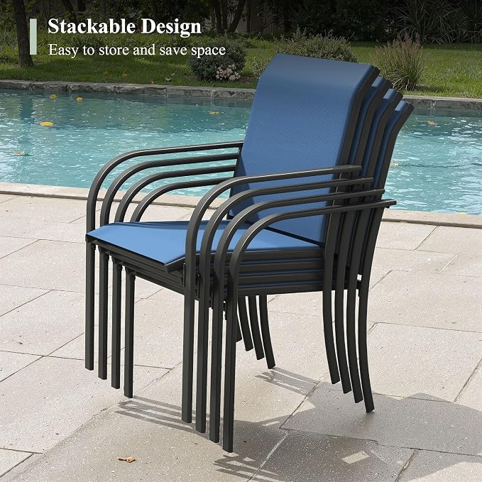 5 Pieces Outdoor Dining Set, Stackable Textilene Paito Chairs & 40.5" Round Dining Table with Umbrella Hole and Shelf, Patio Dining Set for Backyard, Deck, Garden, Dark Blue & Black