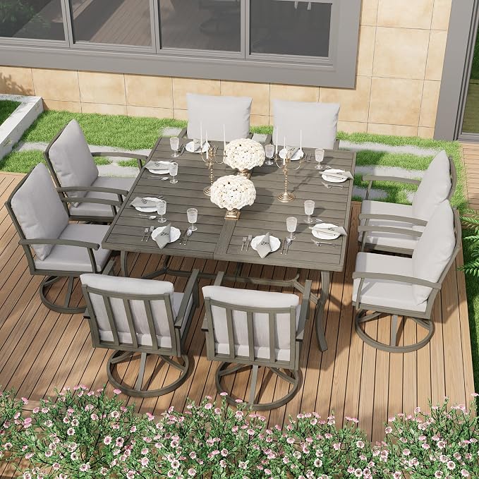 HAPPATIO Patio Dining Set, Aluminum Outdoor Dining Set for 8, 59" Large Square Dining Table with Umbrella Hole and 8 Swivel Chairs, Outdoor Table and Chairs for Lawn Yard Patio