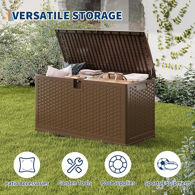 IDEALHOUSE Outdoor Storage Box, 73 gal Resin Deck Box Waterproof Lockable for Patio, Heavy-Duty Outdoor Storage Bench, Outside Container for Cushions Shoes Pool Garden Gear, Rattan-Style, Brown