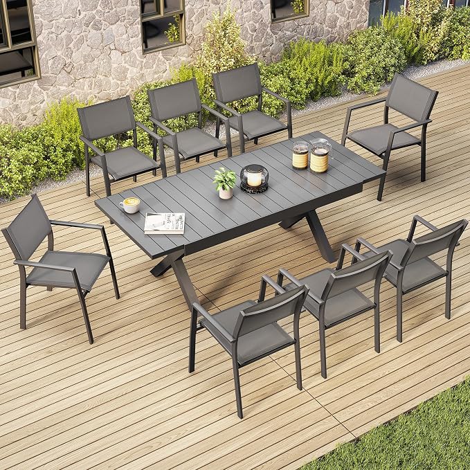 Outdoor Dining Set, 9 Piece Expandable Patio Dining Table and Textilene Chairs Set, Aluminum Patio Furniture Set for Table with Umbrella Hole and 8 Chairs for Patio, Garden, Lawn(Black)