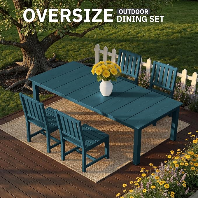 AreShark 5-Piece Outdoor Dining Set,HDPE Patio Table with 4 Armless Chairs,All-Weather Patio Furniture Set with Umbrella Hole,Low Maintenance Wood Grain Dining Set for Backyard,Garden,Poolside,White