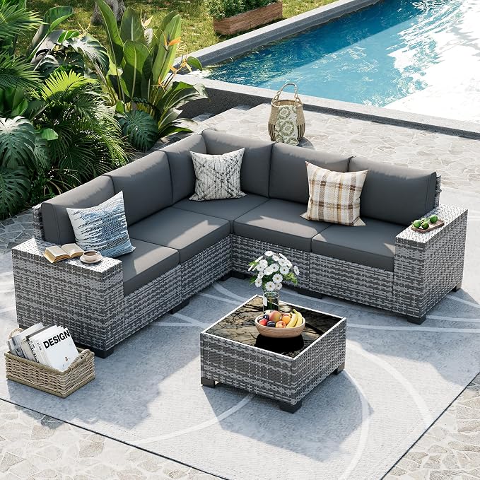 UDPATIO Patio Furniture Set, 8 Inch Armrest Outdoor Sectional Sofa, 6 Piece Wicker Outdoor Furniture Conversation Sets with Waterproof Cover and Coffee Table for Backyard Deck(Grey/Dark Grey)