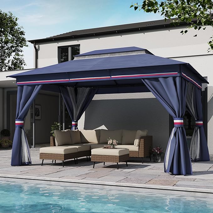 LAUSAINT HOME 10'x13' Outdoor Gazebo, Metal Frame Heavy Duty Patio Canopy Tent Shelter with Double Roofs, Mosquito Nettings and Privacy Screens for Backyard, Garden, Lawn, Classic Blue