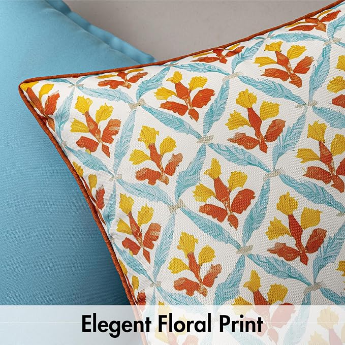 MIULEE Outdoor Floral Pillow Covers Waterproof 18x18 Orange Teal Red | Decorative Block Print,Boho Farmhouse, Set of 2 Coastal Summer Cushion Covers with Piping,Garden Patio Furniture Porch Couch
