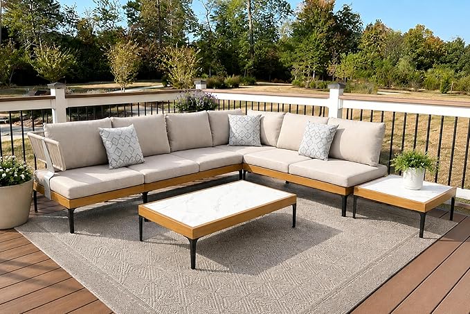 PURPLE LEAF 5 Pieces Outdoor Conversation Furniture Sets with Coffee Tables Patio Wicker Sectional Sets Aluminum L-Shaped Sofa Chairs for Balcony Yard Garden Poolside, Cushions and Pillows Included