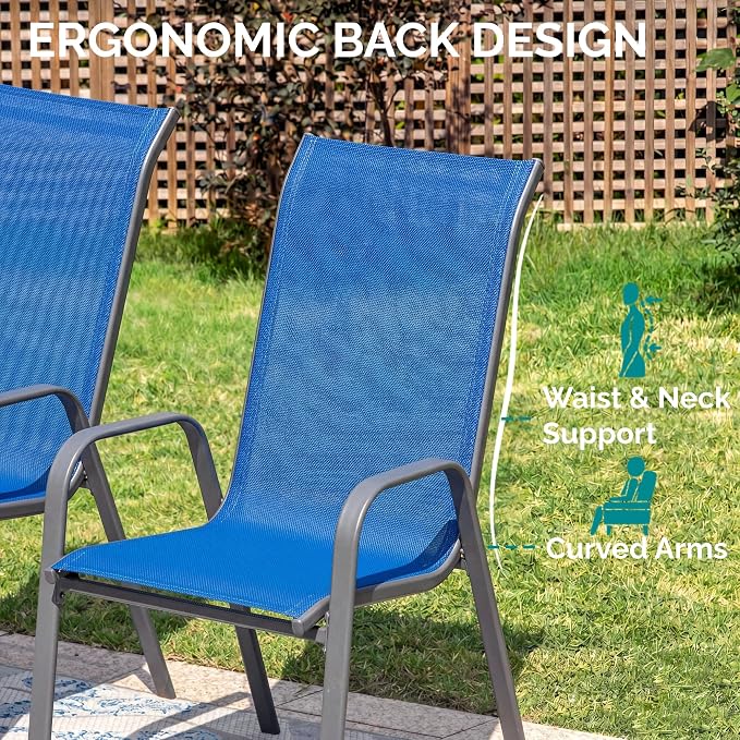 MAMIZO 7 Pieces Patio Dining Set for 6, Outdoor Table and Chairs w/Rectangle Glass Table and 6 Textilene Stackable Chairs, Patio Furniture Set w/1.69" Umbrella Hole (Grey Table & Navy Blue Chair)
