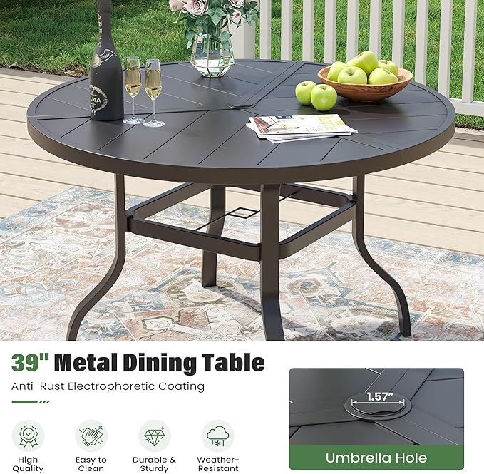 UDPATIO 5 Piece Outdoor Patio Table and Chairs Set for 4, 39" Black Round Table with Umbrella Hole, Brown Patio Chairs, Patio Table with Chairs, Outdoor Patio Dining Set for Lawn, Backyard, Deck