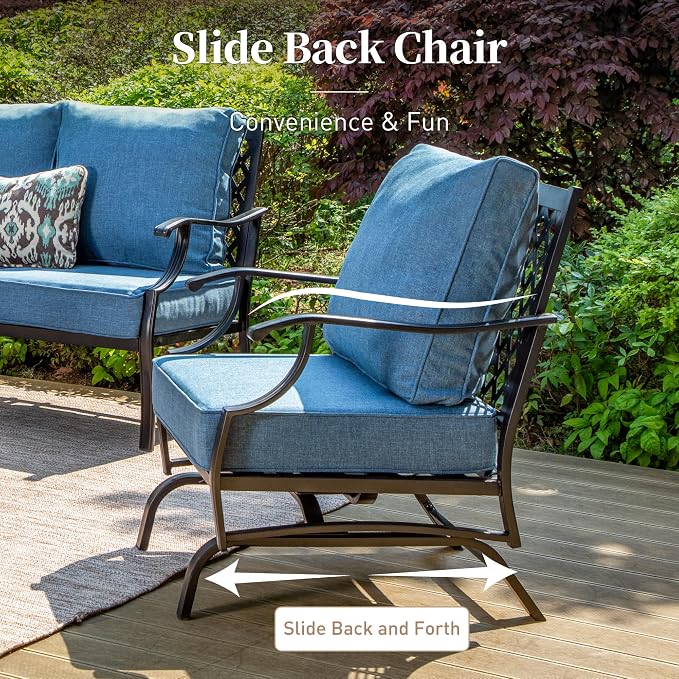 SUNSHINE VALLEY 7 Piece Metal Outdoor Patio Furniture Sets, Patio Conversation Sets 1 3-seater Sofa, 2 Fixed Chair, 2 Rocking Chair, 2 Ottomans with 5.75" Thick Cushion, Black Backyard Furniture, Navy
