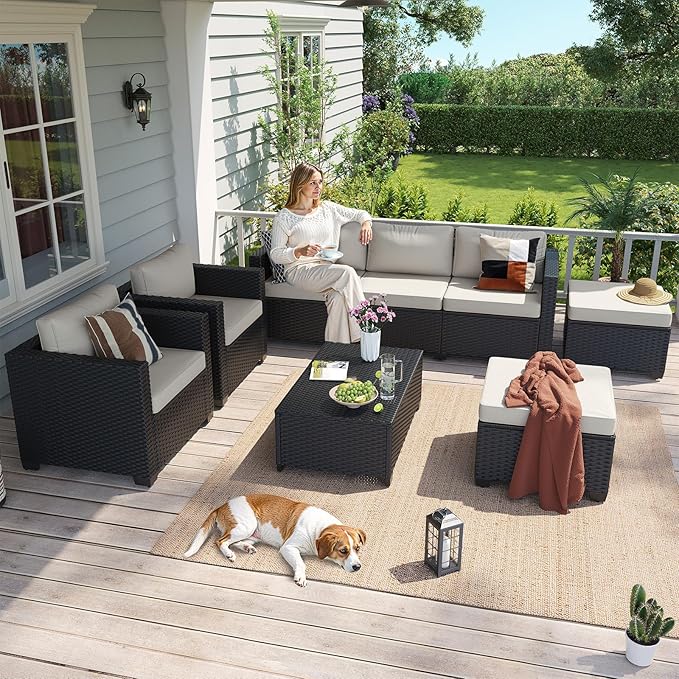 Aoxun 8 Piece Outdoor Patio Furniture Set 7 Seats, Outdoor Sectional with Thick Waterproof Cushions, Patio Conversation Sets for Garden,Backyard, Porch, Deck, Black & Beige