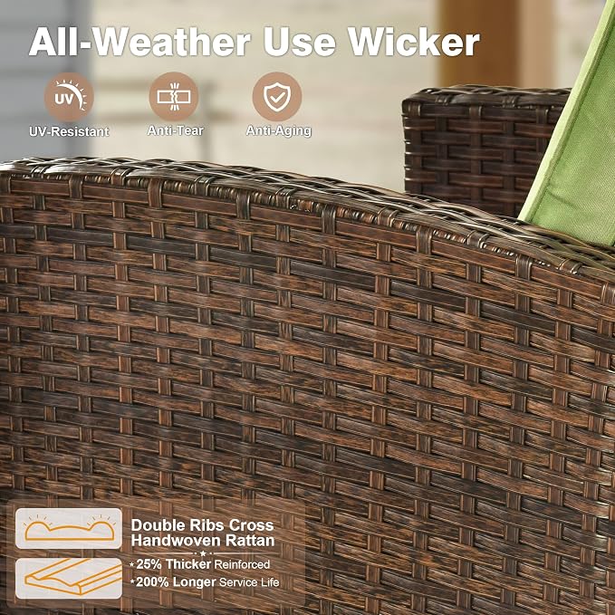 ovios 5 Pieces Patio Furniture Set, Outdoor Wicker Sofa Couch with Chairs Comfy Cushions, All Weather Brown Rattan Conversation Set for Backyard Deck Porch, Green