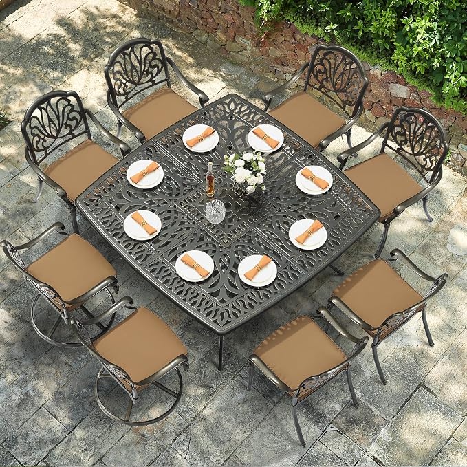 VIVIJASON 9-Piece Outdoor Furniture Dining Set, Cast Aluminum Patio Table and Chairs Set with 6 Stationary Chairs, 2 Swivel Rocker Chairs, 64" Large Square Dining Table, Umbrella Hole, Khaki
