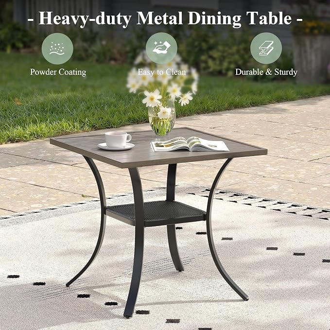 Outdoor Dining Set for 2, 28" Metal Square Outdoor Dining Table and Padded Textilene Patio Swivel Chairs, 3 Pieces Patio Table and Chairs Set for Garden Backyard, Grey