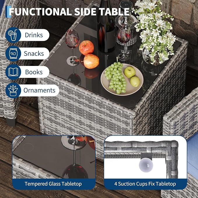 GarveeLife 3 Pieces Patio Furniture Set, PE Rattan Patio Conversation Set with Tempered Glass Tabletop, Outdoor Wicker Chairs and Table Set for Patio Balcony Garden, Grey & Blue