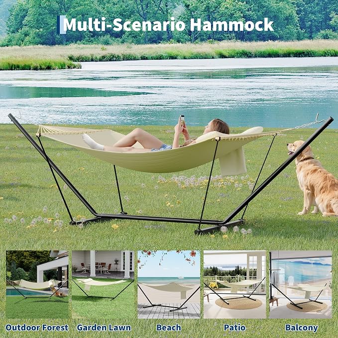 Double Hammock with Stand, 2 Person Heavy Duty Outdoor Hammock with 12FT Stand, Adjustable Steel Frame, Detachable Pillow,Carry Bag Included,450lbs Capacity, Indoor Outdoor Swing Bed– Offwhite