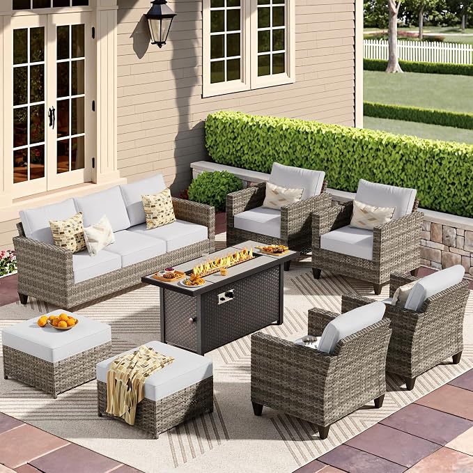 CAODOC 8-Piece Outdoor Wicker Patio Set with 9 Seats, Including 53" Fire Pit - Sectional Sofa and Conversation Set for Backyard or Lawn, Gray Rattan with Waterproof Gray Cushions