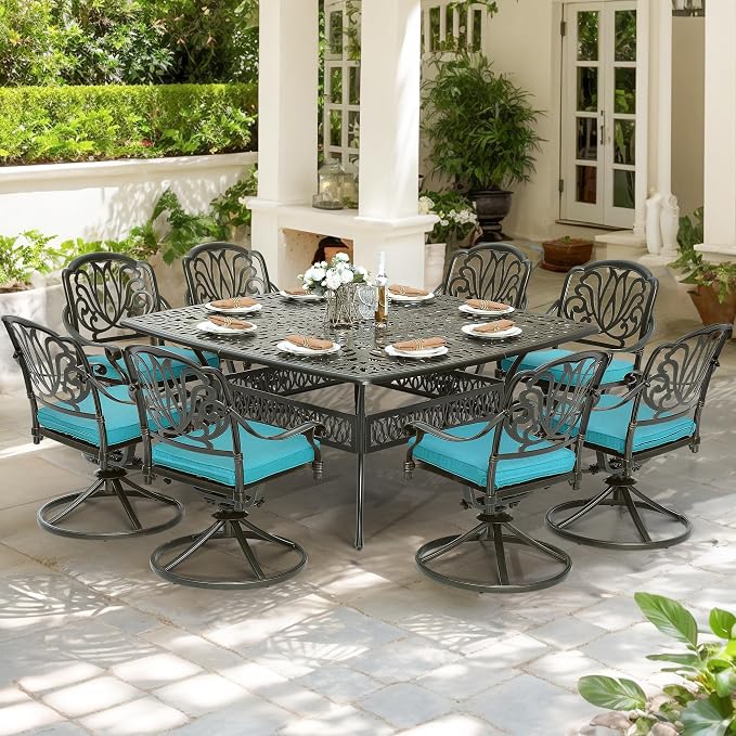 9-Piece Patio Cast Aluminum Dining Set, Outdoor Dining Furniture Set for 8 Person, Includes 64" Square Table and 8 Swivel Rocker Chairs with Umbrella Hole for Patio Deck Garden, Ocean Blue