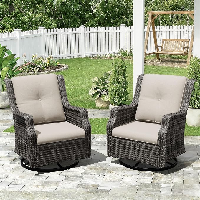 Swivel Patio Chairs Set of 2, Wicker Patio Furniture with Thick Cushions, Curved Armrest, Deep Seating, Rattan Outdoor Chairs for Porch, Deck, Balcony