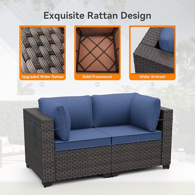 Patio Furniture Set with Fire Pit Table 11 Pieces Wide PE Rattan Patio Conversation Set,Swivel Chair Sofa Set Outdoor Sectional Furniture w/43in 55000 BTU Propane Fire Pit Table,NavyBlue