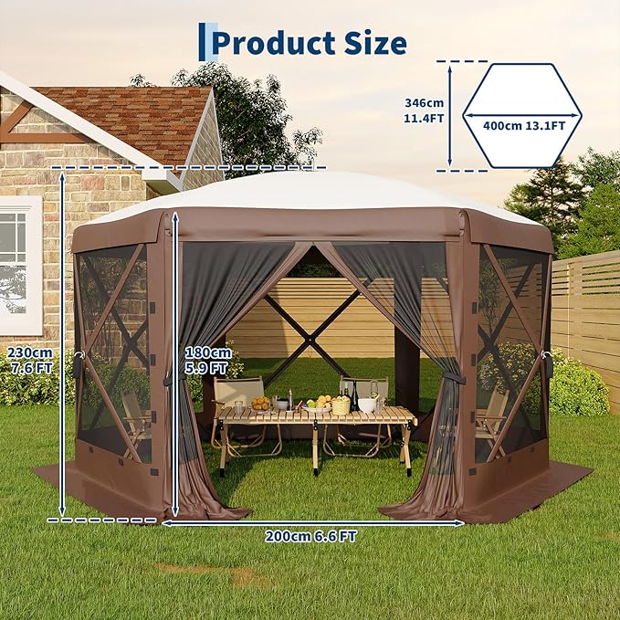 GarveeLife 13x13FT 6-Sided Pop Up Canopy Tent，One-Push Setup Canopy Tent with Removable Canopy Top & Wind Cloths, Outdoor shelter for Camping, Backyard Parties, Outdoor Events - Beige & Khaki
