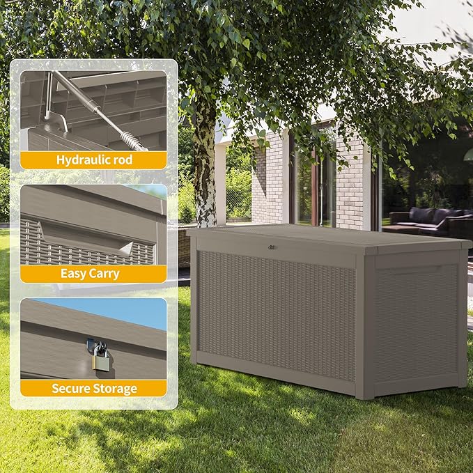 320 Gallon Outdoor Storage Box Waterproof, Lockable Resin Deck Box Large Storage Bin for Patio Furniture Cushion, Garden Tools, Pool Accessories, UV-Resistant Outside, Gray