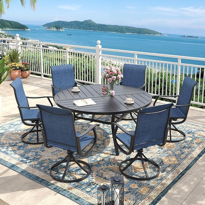 Outdoor Dining Set for 6, 50.1" Metal Round Outdoor Dining Table with Umbrella Hole and Sling Patio Swivel Chairs, 7 Pieces Patio Table and Chairs Set for Garden Backyard, Dark Blue and Black