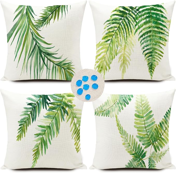Green Outdoor Pillow Covers Leaf Plant Throw Pillow Case Outdoor Waterproof Tropical Garden Cushions 18x18 Inch Set of 4 Patio Furniture Pillows Decorative for Home Sofa Couch