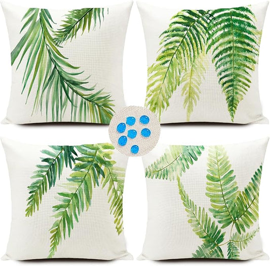 Green Outdoor Pillow Covers Leaf Plant Throw Pillow Case Outdoor Waterproof Tropical Garden Cushions 18x18 Inch Set of 4 Patio Furniture Pillows Decorative for Home Sofa Couch