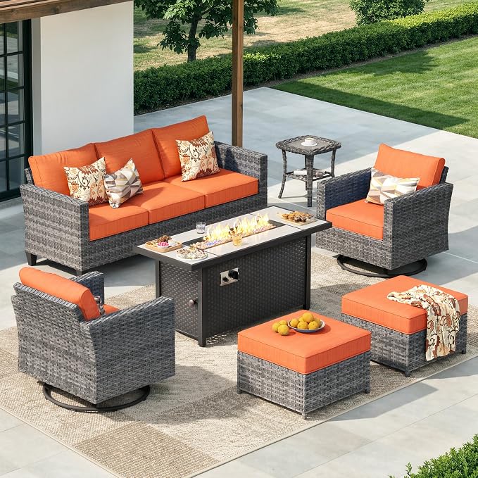 CAODOC 7 Pieces Outdoor Wicker Patio Set with 7 Seats, Including 53" Fire Pit - Swivel Rocker Chairs and Conversation Set for Backyard or Lawn, Gray Rattan with Waterproof Red Cushions
