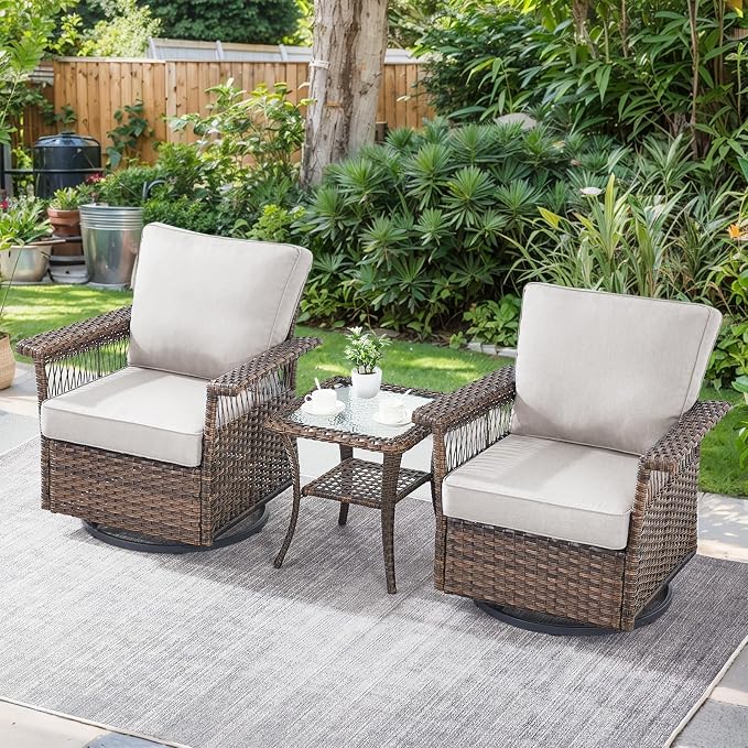 Patio Furniture Set 2 Wicker Swivel Glider Chairs with PE Rattan Side Table Set Brown Wicker Beige Cushions Patio Conversation Set 3pcs for Garden Balcony Sunroom Backyard Poolside