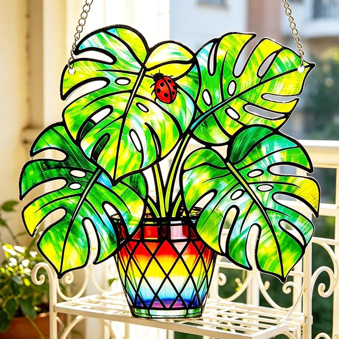 Plant Suncatcher Glass, Stained Glass Suncatcher Plant Window Hanging, Unique Nature Lover Gifts Leaf (Monstera)