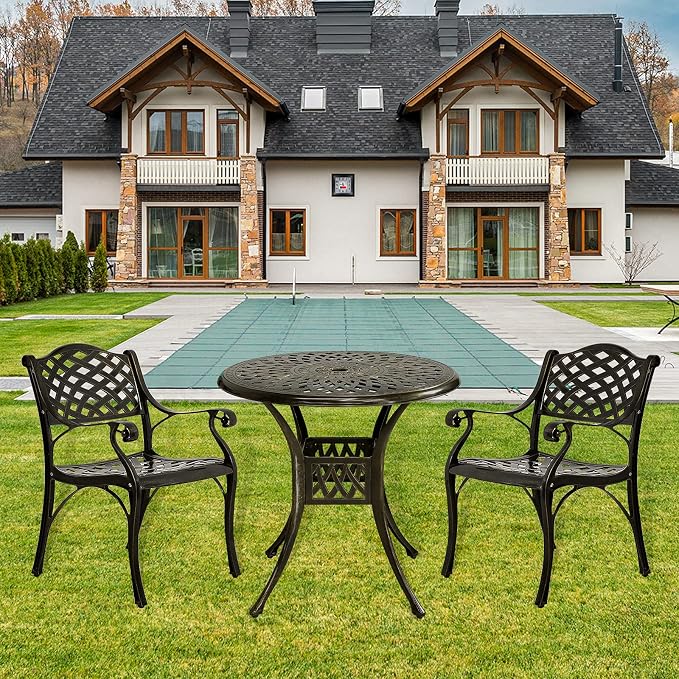 VIVIJASON 3-Piece Patio Bistro Set, All-Weather Cast Aluminum Outdoor Furniture Dining Set, Include 2 Chairs and 31" Round Table w/Umbrella Hole for Balcony, Lawn, Garden, Backyard, Antique Bronze