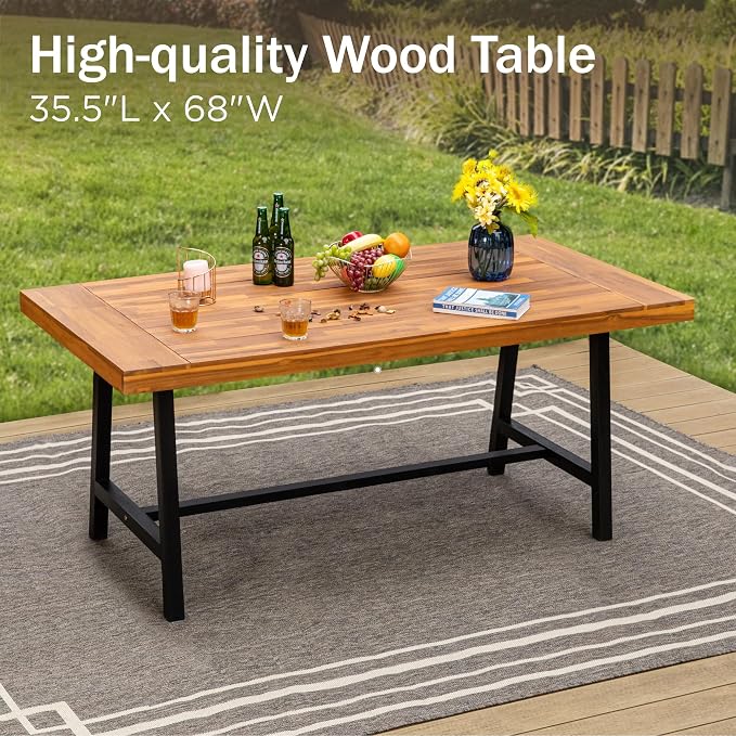 PHI VILLA Outdoor Dining Set for 6, Wicker Chairs & Acacia Wood Table | 1 Acacia Wood Table & 6 Cushioned Rattan Chairs, Outdoor Dining Furniture Set for Deck, Yard or Indoor