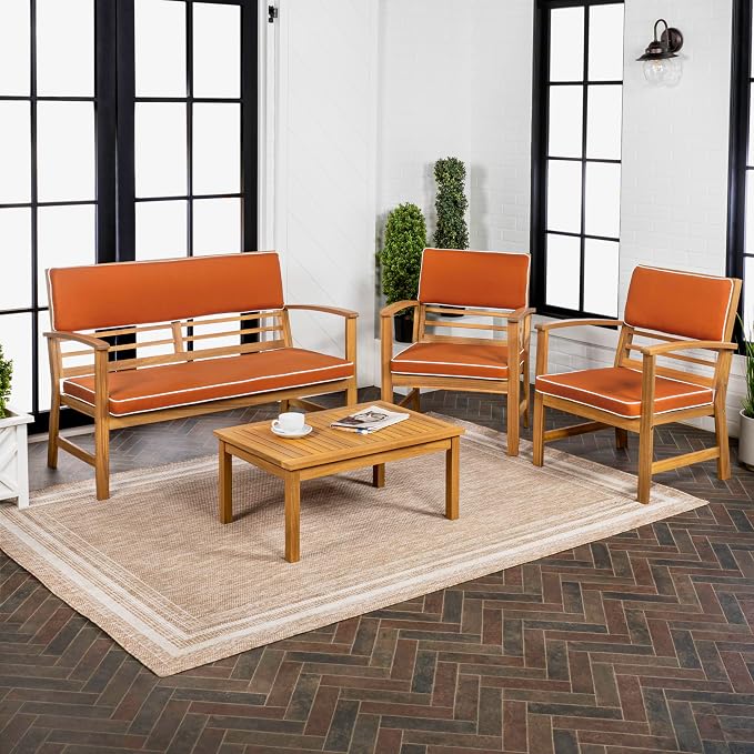 JONATHAN Y Barclay Modern 4-Piece Acacia Wood Outdoor Patio Set, Conversation Seating Group with Removable Cushions and Coffee Table for Backyard, Porch, Garden, Poolside, Orange LVG1000D-4SET