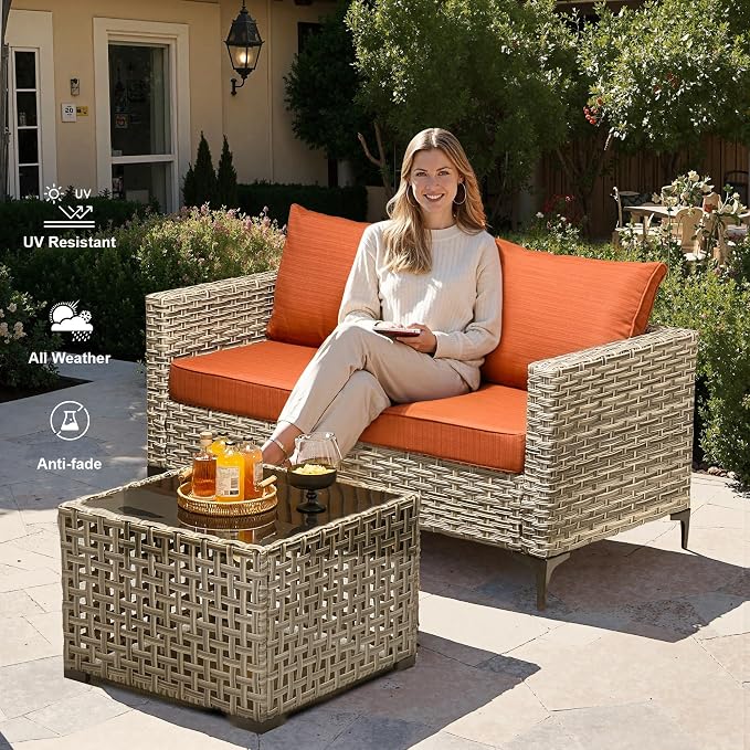 Outdoor Patio Furniture Sets,11 PCS Patio Conversation Set Outside Rattan Sectional Sofa with 54 in Fire Pit Table Wicker Rocking Chair Coffee Table Fit Backyard Porch Garden Poolside Balcony