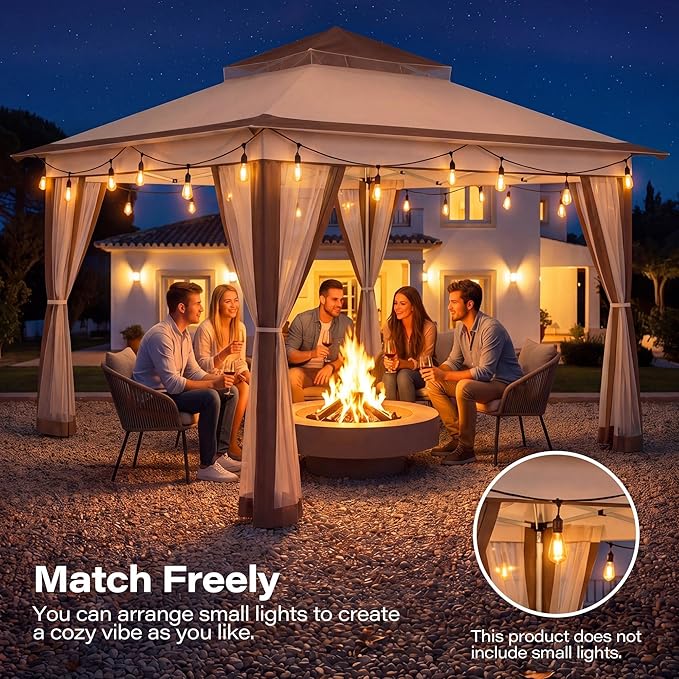 LAUSAINT HOME 12x12 Pop Up Gazebo Canopy Tent with Mosquito Netting, Instant One-Push Setup, Adjustable Height Outdoor Canopy Shelter with Carry Bag for Patio, Backyard, Camping, Parties & BBQs, Khaki