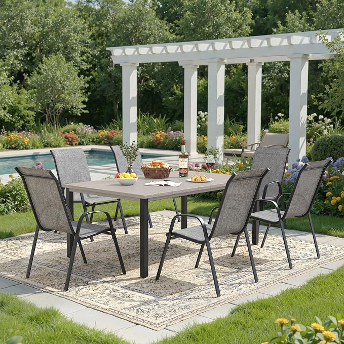 DIFY 7 Piece Outdoor Dining Set, 63" Grey Wood-Like Rectangle Metal Patio Table and Grey Textilene Stackable Chairs for 6, All Weather Patio Furniture Set with Umbrella Hole for Backyard Garden Deck
