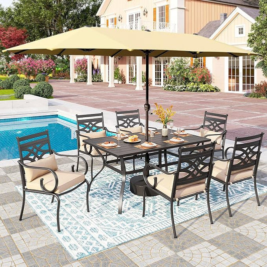 PHI VILLA 6 Piece, Outdoor Dining Set, Rectangular Metal Table,Umbrella | 15ft Umbrella, Beige