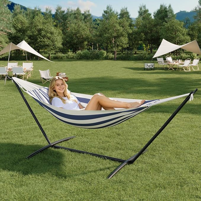 Double Cotton Hammock with Heavy Duty Steel Stand – 450 Lbs Capacity Brazilian Style Portable Hammock with Carry Bag for Backyard, Garden & Camping