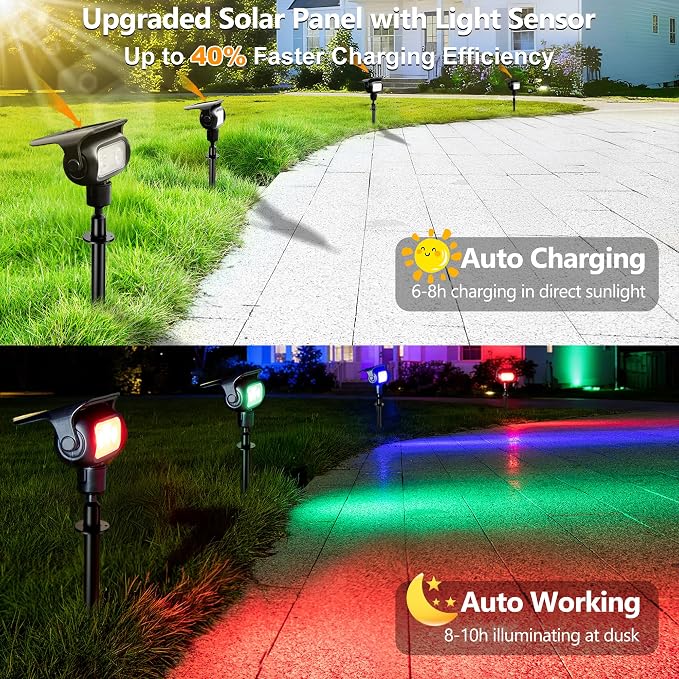 Brizled Solar Spot Lights Outdoor Color Changing 4 Pack Landscape Spotlight | RGB 9 Color 11 Mode; 360° Rotation; Waterproof; Stake/ Wall Mounted LED Uplights for Outside Halloween Xmas Yard Tree Garden