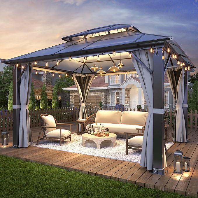 GARTOO 10x12FT Polycarbonate Hardtop Gazebo with Double Roof - Heavy-Duty Steel Frame Gazebo with Breathable Netting & Privacy Curtain for Patio, Porch, Garden, Lawn, Deck, Backyard