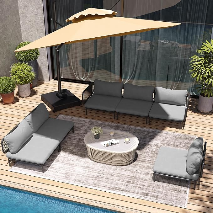 6-Piece Patio Furniture Set, Oversized Outdoor Sectional Sofa with Thick Cushions, Weather-Resistant Metal Frame Conversation Set for Backyard, Garden, Poolside - Dark Grey Cushions